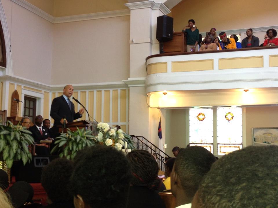 gteskew's tweet photo. MA Gov Deval Patrick &amp; Spelman's Jonetta Cole offer remarks w/Rev. J. Ellwanger (in balcony) at Tabernacle in Selma http://t.co/ckSCAOmL13