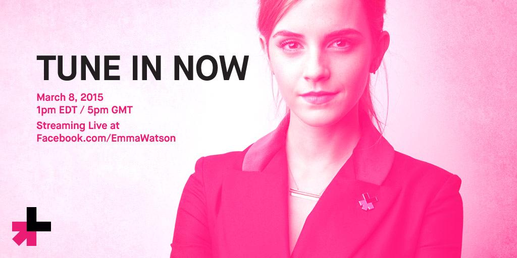 HeForShe's tweet image. Tune in now for a LIVE Q&amp;amp;A with @EmWatson #HeForShe #IWD on.fb.me/1Nxc8RK