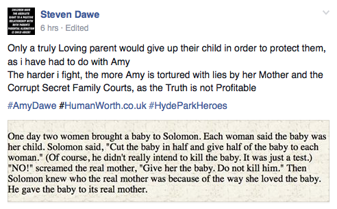 StevenDawe8's tweet photo. Parental Alienation is Child Abuse  #ChildAbuse  #AmyDawe #HumanWorth.co.uk #HydeParkHeroes #ParentalAlienation http://t.co/TchwOBG6IR