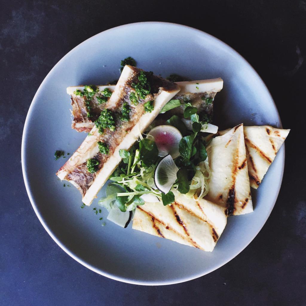 Oven roasted #BrandtFarms #bonemarrow with baby fennel, watercress &amp; pounded parsley oil!