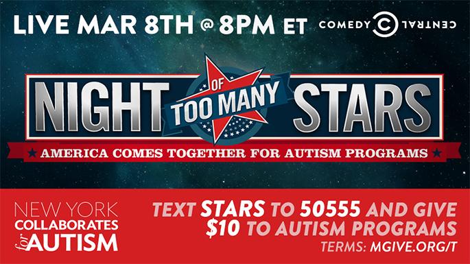 autismspeaks's tweet image. Only 30 minutes left till #NightOfTooManyStars starts on @ComedyCentral benefiting @NYC4A! #TuneIn #AutismPrograms