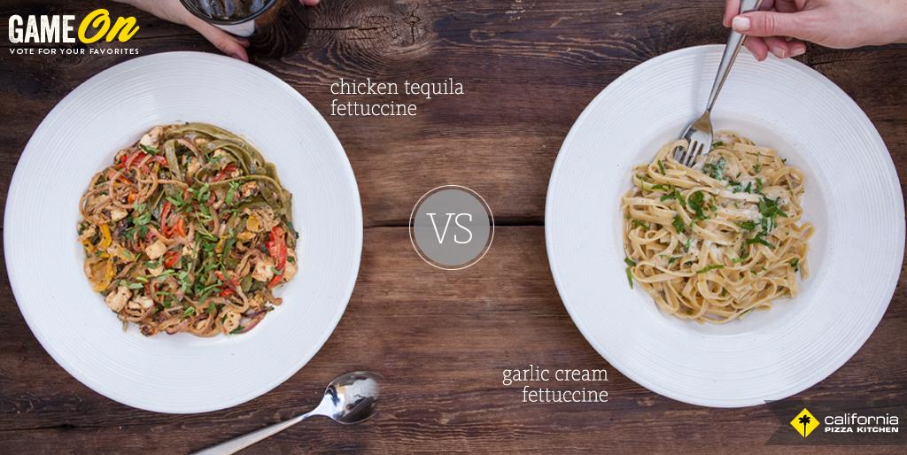 calpizzakitchen's tweet photo. They've got us spinning... Chicken Tequila Fettuccine VS Garlic Cream Fettuccine. Who's it going to be?! #CPKGameOn http://t.co/84Lt77vEvE