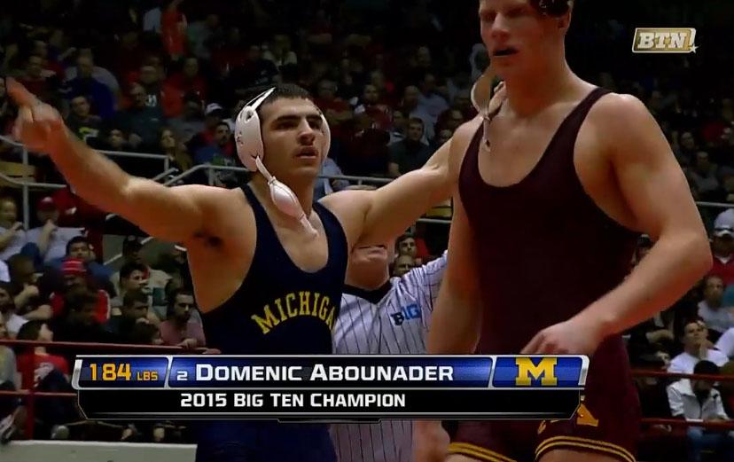 BigTenNetwork's tweet photo. Congrats to @umichwrestling's Domenic Abounader on winning @B1GWrestling's 184-lb title! WATCH http://t.co/lO0dr8gukl http://t.co/LUWB6vJrC5