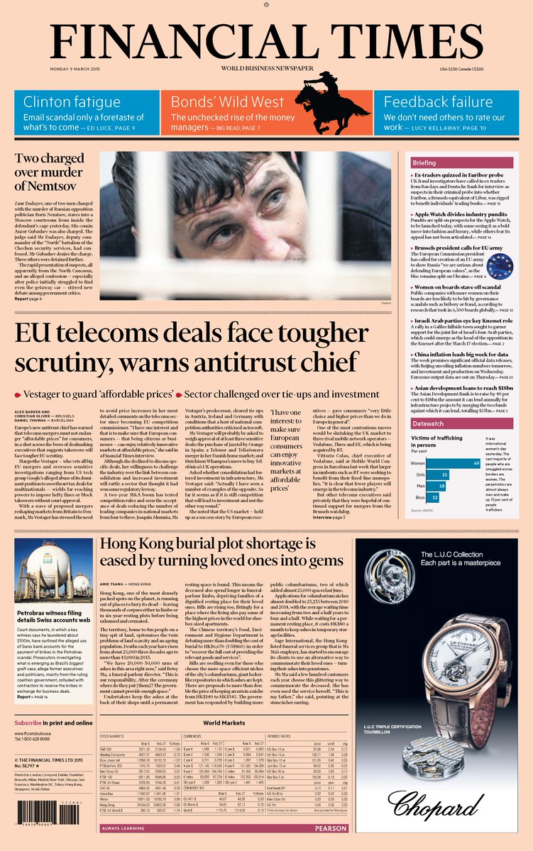 FT's tweet image. Financial Times US edition front page, Monday 9 March