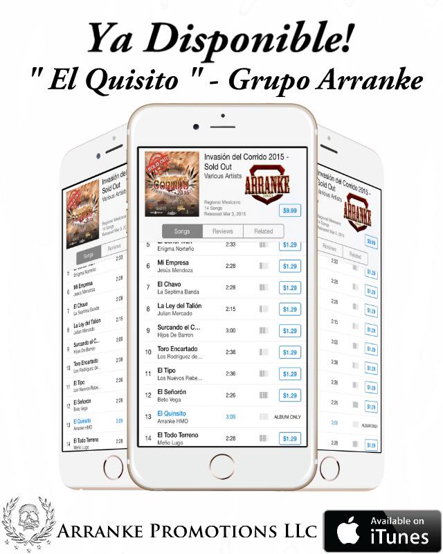 Ya Disponible Para Descargar En #Itunes 📱
" El Quinsito " -Grupo Arranke
Album #InvasionDelCorrido2015
#GrupoArranke
