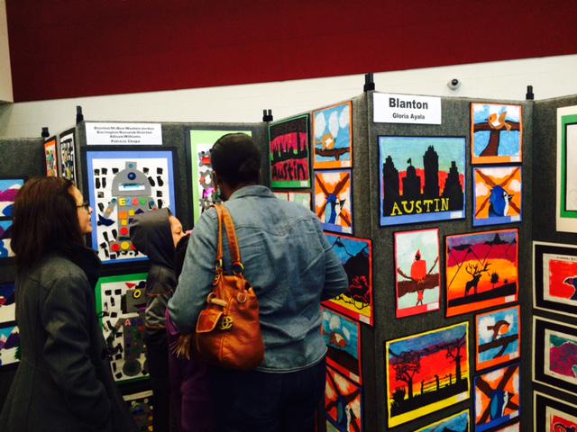 Val1055's tweet photo. Blanton families chat with Ms.Ayala  at  the Student's Art Exhibit at the PAC. http://t.co/WrImvMkrpk