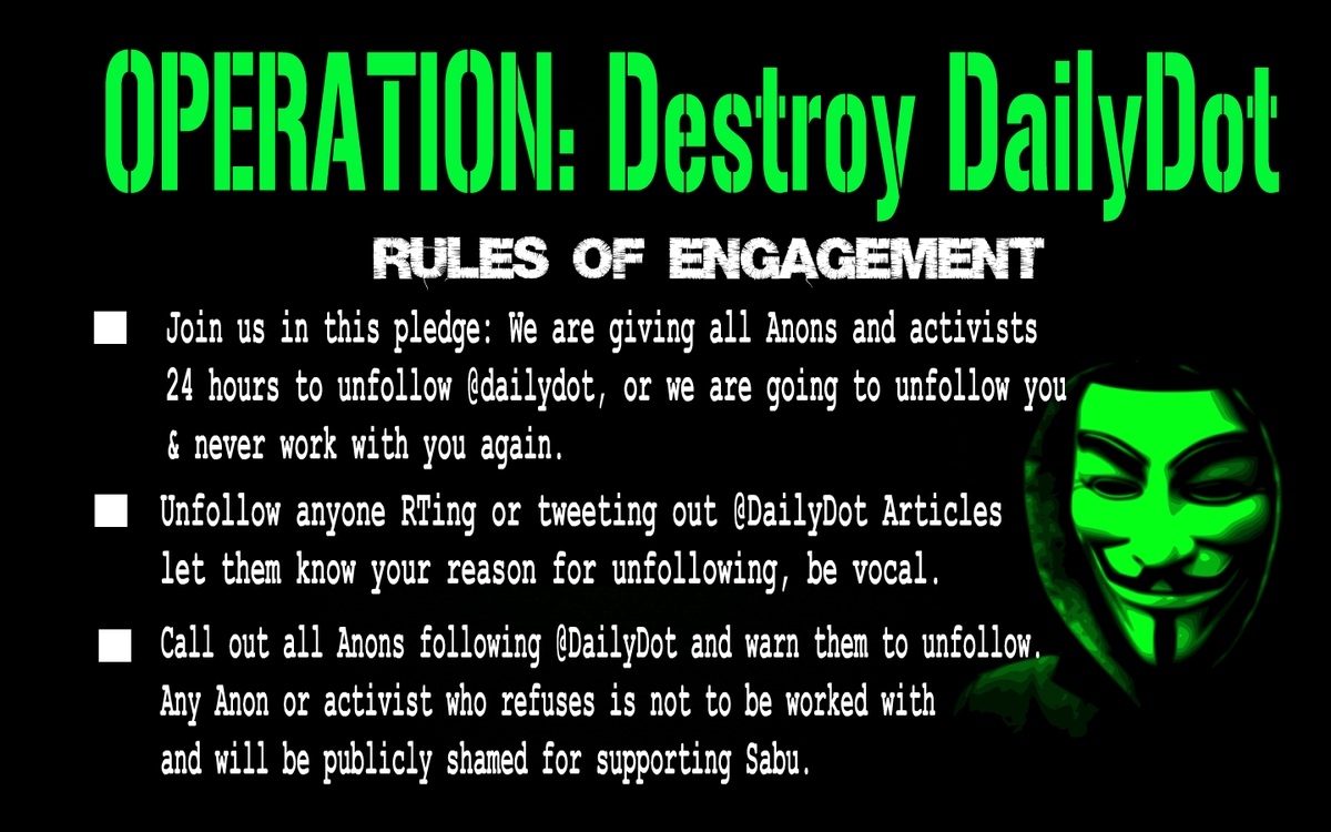 YourAnonCentral's tweet photo. Spread far &amp; wide| Operation: Destroy Daily Dot. Unfollow @DailyDot.
#OpDDD #OpDestroyDailyDot 
#Anonymous #FuckSabu http://t.co/bdmEy7Wmhz