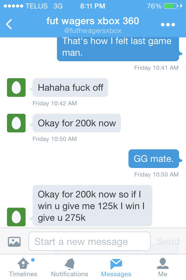 FUTVIPBETTING's tweet photo. @futhwagersxbox he scammed me 75k done wager him! 150k to a RTER when he's gone!! http://t.co/OptnASZxzY