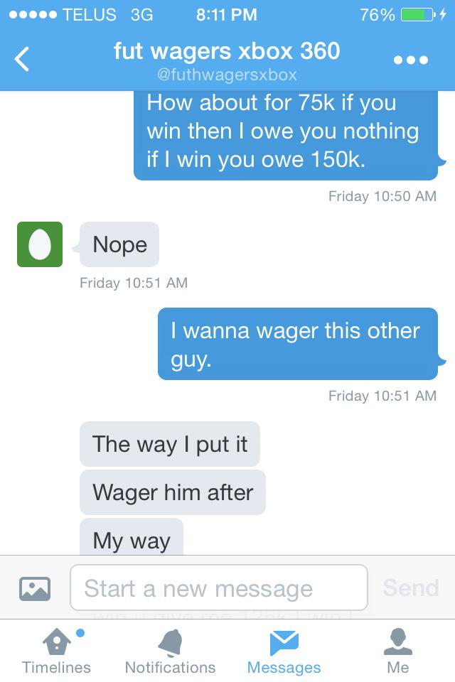 FUTVIPBETTING's tweet photo. @futhwagersxbox he scammed me 75k done wager him! 150k to a RTER when he's gone!! http://t.co/OptnASZxzY