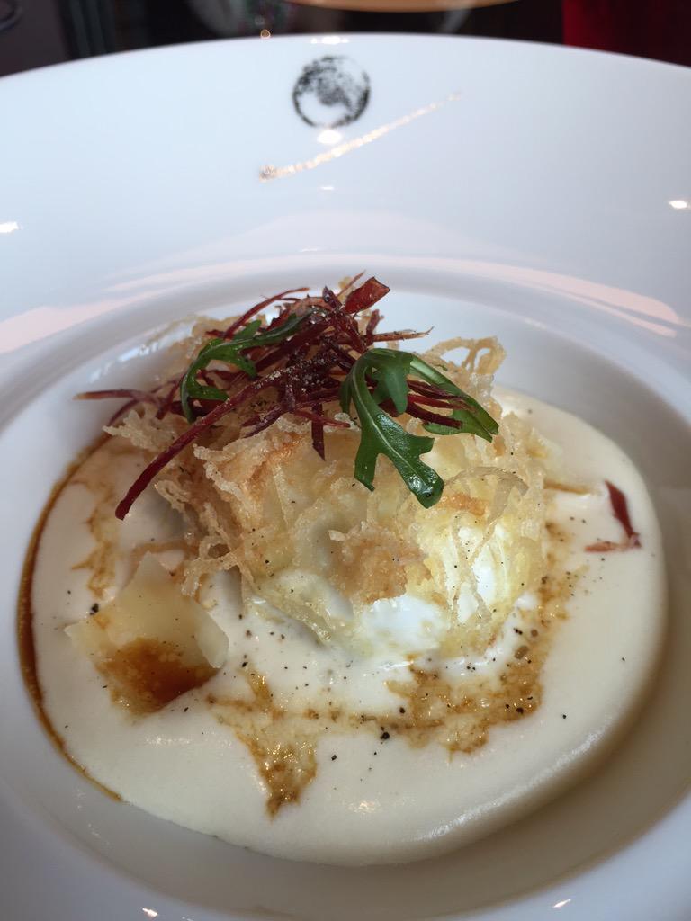 L'atelier de Joel Robuchon's crispy poached egg with Parmesan foam and Spanish ham. #BKK