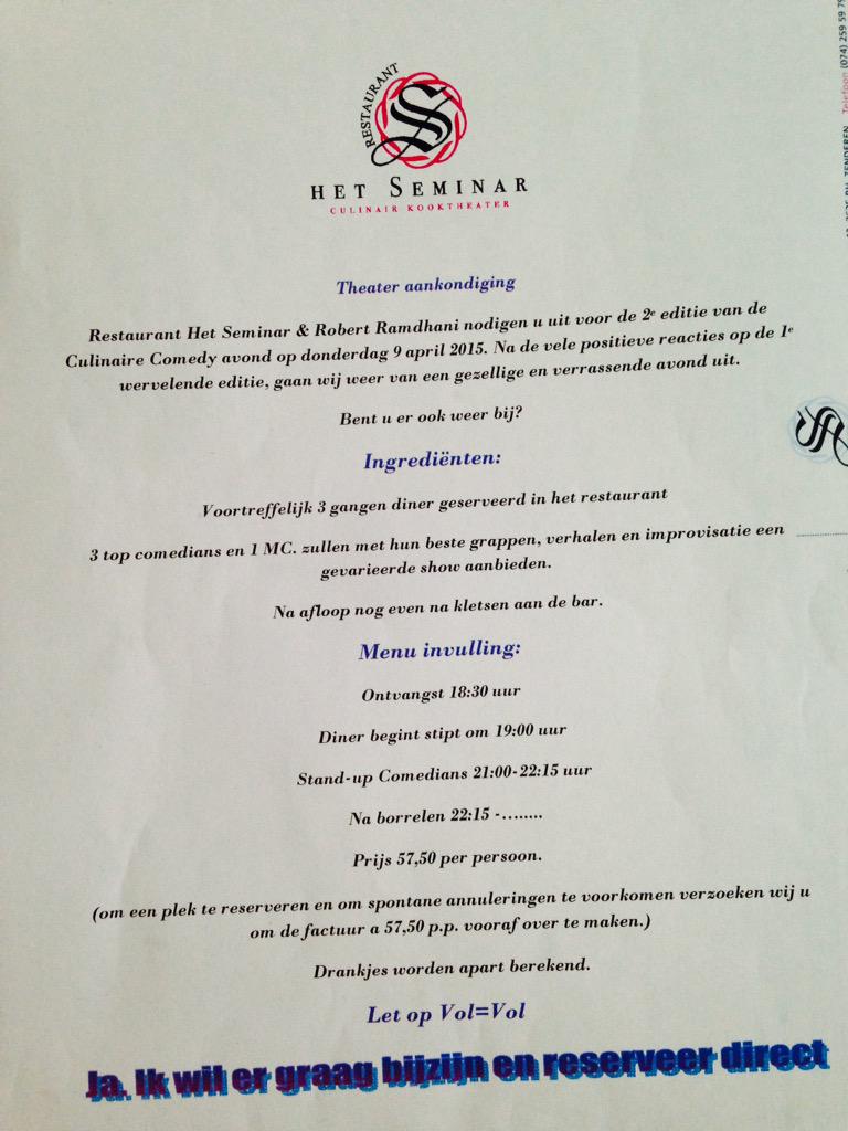 hetseminar1's tweet photo. Als je nu echt eens een verrassende avond wilt beleven reserveer je gewoon een plekje op 9 april! Info@hetseminar.nl http://t.co/wsYMOEbNoo