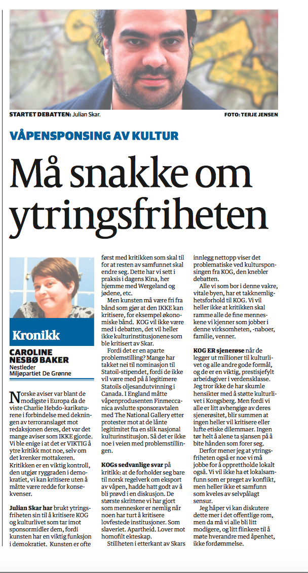 MDG Konsgsberg henger seg på våpensponsing-debatten med flott kronikk av nestleder Caroline Nesbø Baker i dag!