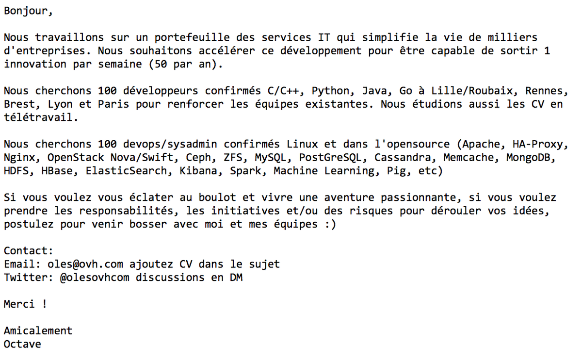olesovhcom's tweet photo. Nous cherchons 100 dev et 100 devops à Lille, Brest, Rennes, Lyon et Paris. On étudie aussi les CV en remote #Ovh. http://t.co/aGdgnEKyZU