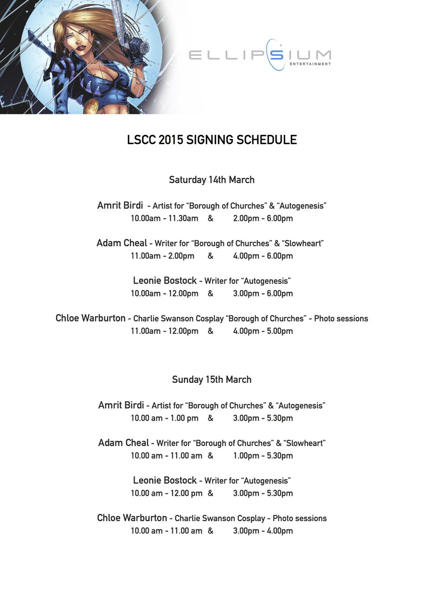 EllipsiumComics's tweet photo. Here's our artist and writer signing schedule for @LSComicCon this weekend! http://t.co/JCY16kWqpT