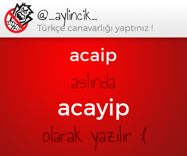 TurkceCanavari's tweet photo. @_aylincik_ yazdıklarında bir problem var :/  (acaip -> acayip) http://t.co/sYZa3HhNSD