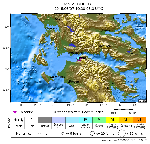 LastQuake's tweet photo. We received felt reports from #Patrai, #Greece on Saturday at 12:30. Finally find the causing #earthquake: a M2.2! http://t.co/fwRUdp3618