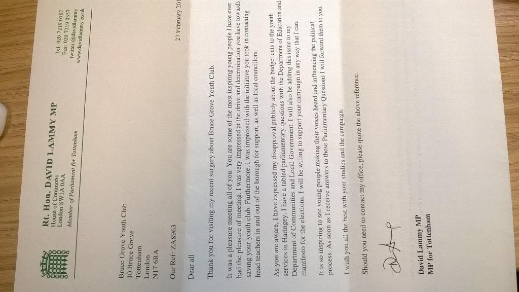 SaveHaringeyYS's tweet photo. Thank you for your letter @DavidLammy and for taking the time to listen to us. We look forward to hearing from you http://t.co/6wvHFAvNI6