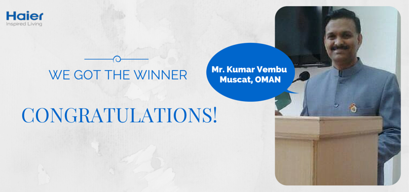 HaierGulf's tweet photo. Congratulations to our Contest 01 winner of "Haier 4k 50" Ultra HD LED TV" to Mr Kumar Vembu - Muscat, Oman #CWC15 http://t.co/j57RBPfjoZ