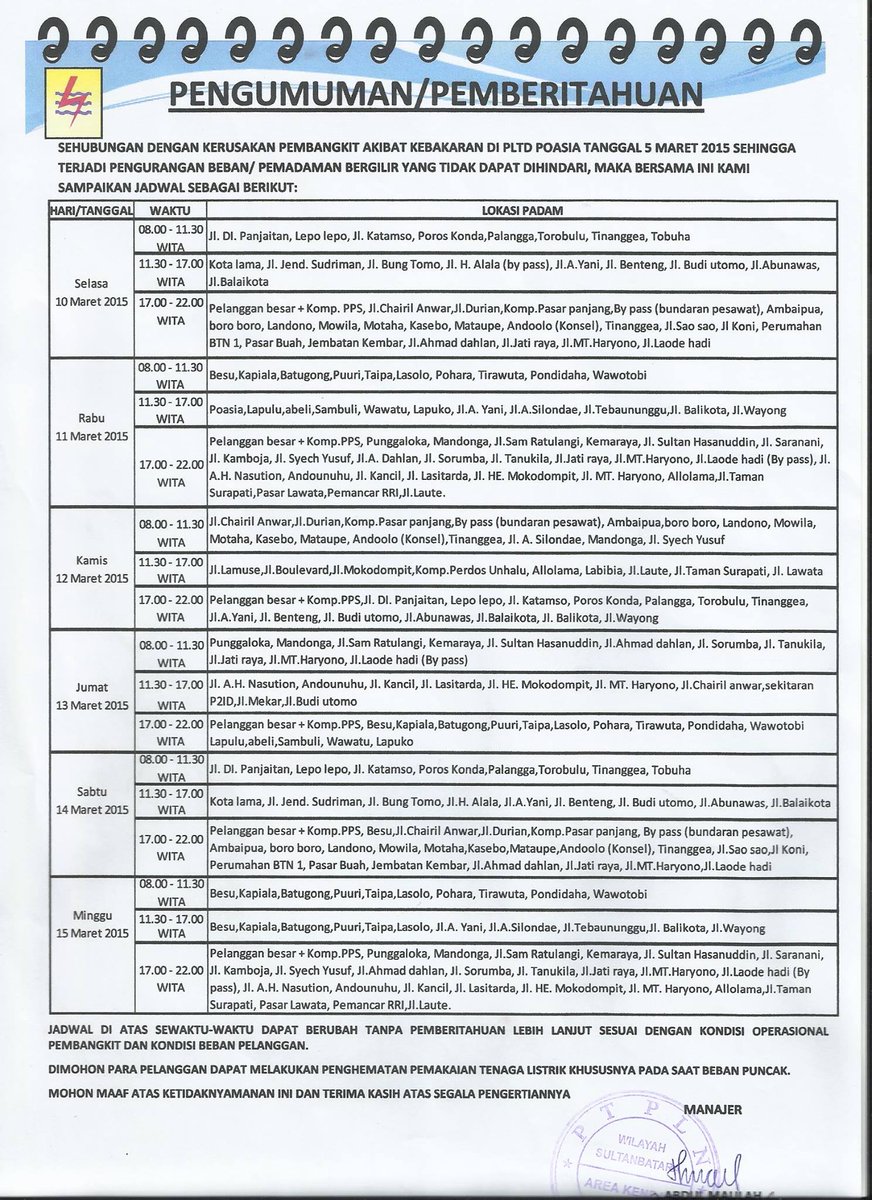 Jadwal pemadaman Listrik untuk Area Kendari dan Sekitarnya akibat kebakaran pembangkit Poasia.