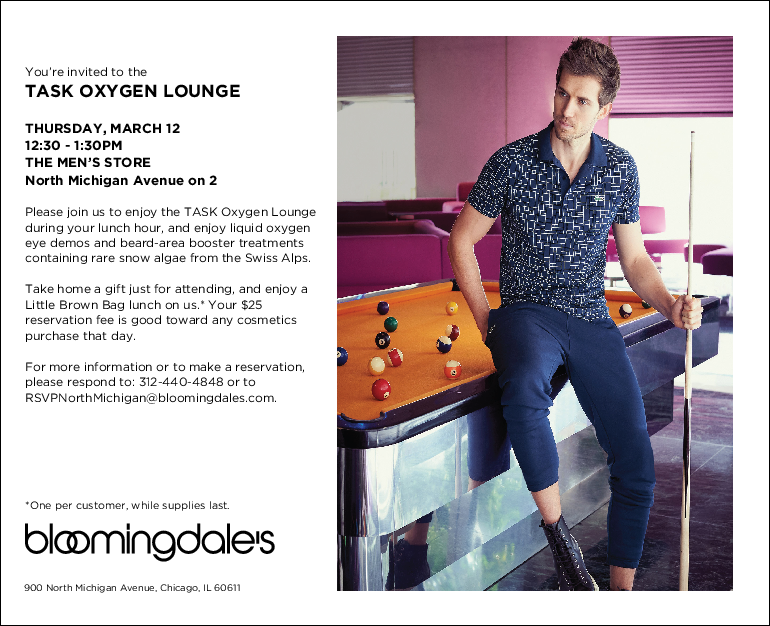 TaskForSkin's tweet photo. Chicago, come enjoy the Task Oxygen Lounge this Thursday, from 12:30PM-1:30PM at Bloomingdale's N. Michigan Ave! http://t.co/rqgwfT5SXW