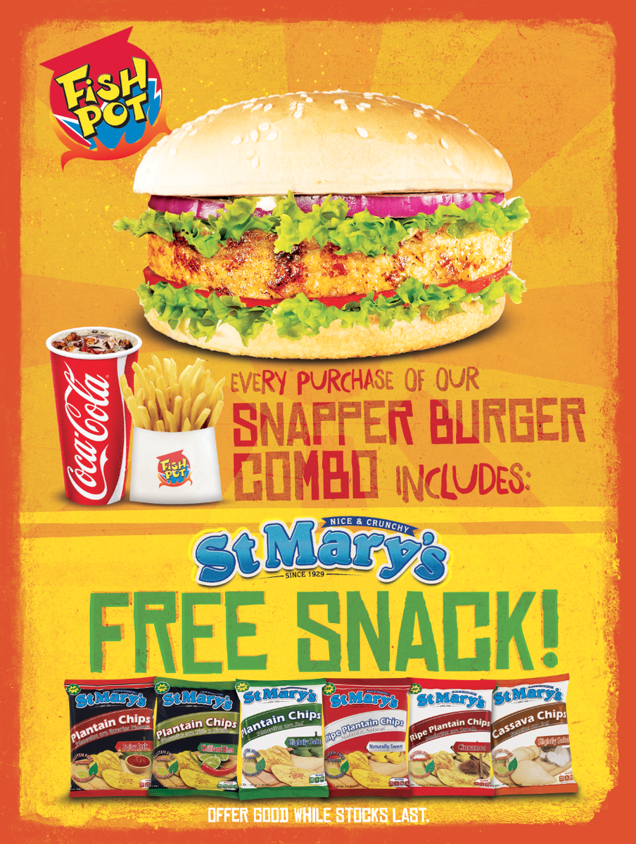 fishpotjm's tweet photo. Buy one of our tasty #SnapperBurger combos (includes fries and a drink) & get a delicious @StMarysChips snack! http://t.co/VqsSoT8EPZ