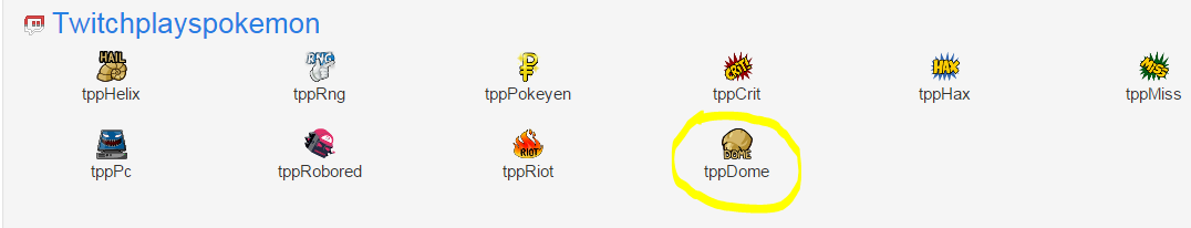 TwitchPokemon's tweet photo. "tppDome" is the latest addition on the emote list. There are now 10 emotes to use. -@Jag6000 #TwitchPlaysPokemon http://t.co/lcejCYYOok