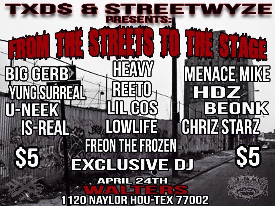 StreetwyzeRec's tweet photo. #Streetwyze #TXDS #FromtheStreetstotheStage @menacemike713 @TrillmaticHDZ @WaltersDowntown #Friday #April24th http://t.co/Sg8gIrCw2D