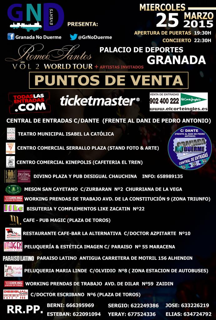 GrNoDuerme's tweet photo. Sorteo de 2 entradas generales para el concierto del año ROMEO SANTOS EN GRANADA entre todos los RT #TweetSorteo 🎫🙌🎫🙌 http://t.co/yEBRFvH7TW
