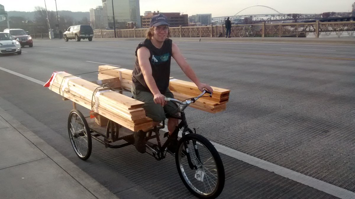 Hauling lumber across Burnside Bridge at rush hour! Left the company truck parked &amp; got job done quicker by trike!