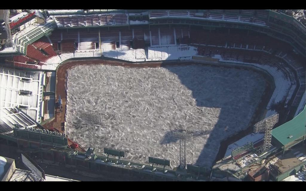 Aerial view of Fenway Park showing the 2 tons of black sand used to absorb the sun &amp; melt the snow. (via <a href="/davidwade/">David Wade</a>)