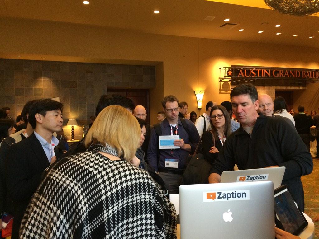 SLP_EDU's tweet photo. Crowd forming at the @zaption table at the Startup Showcase #SXSWedu @nsvfSEED http://t.co/Qp6yO1U0ia