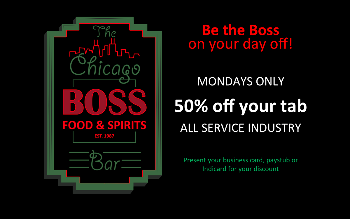 BossBarChicago's tweet photo. It's Industry Night at Boss! Join us for 50% off your entire tab #industry #chicago #rivernorth http://t.co/cLkt4OJ7vt