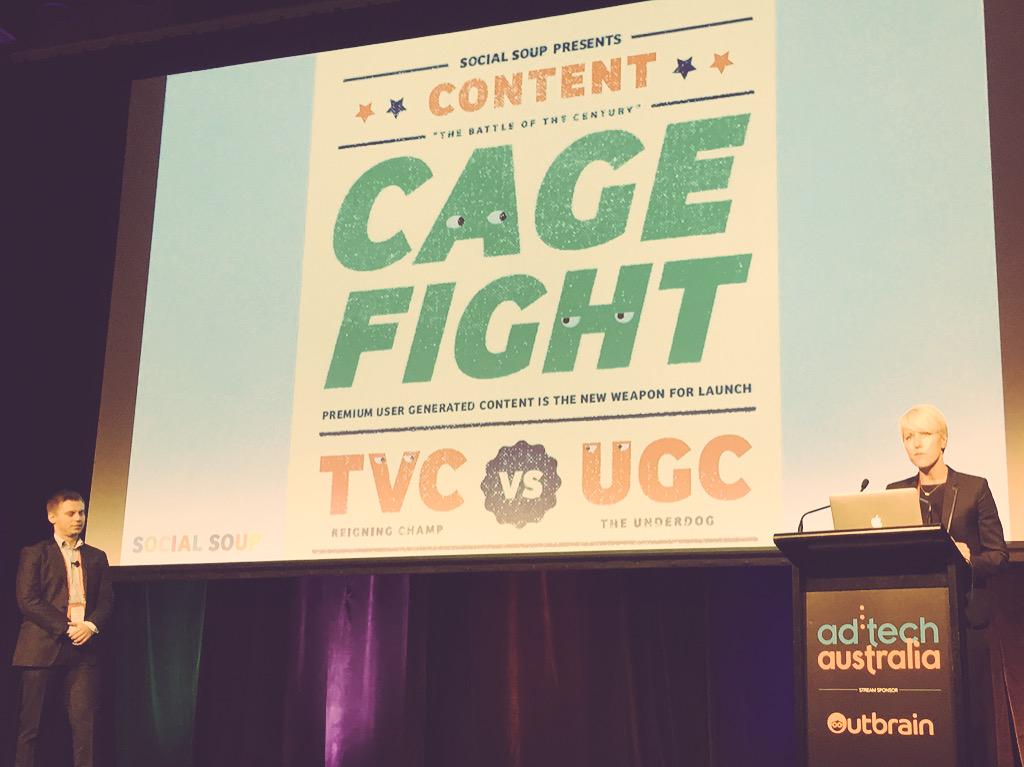 baartzie's tweet photo. Pumped for the @SocialSoupHQ cage fight: UGV vs TVC @adtechANZ #adtechanz #ugc http://t.co/t9Ue739udw