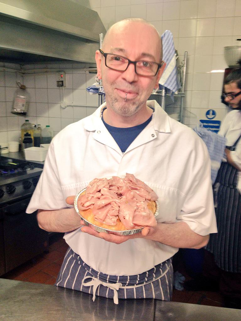 GiacobazzisDeli's tweet photo. Our chef Corrado is very pleased with his #mortadella & #provolone #focaccia - classic #Italianfastfood http://t.co/eUWDj9vkbv