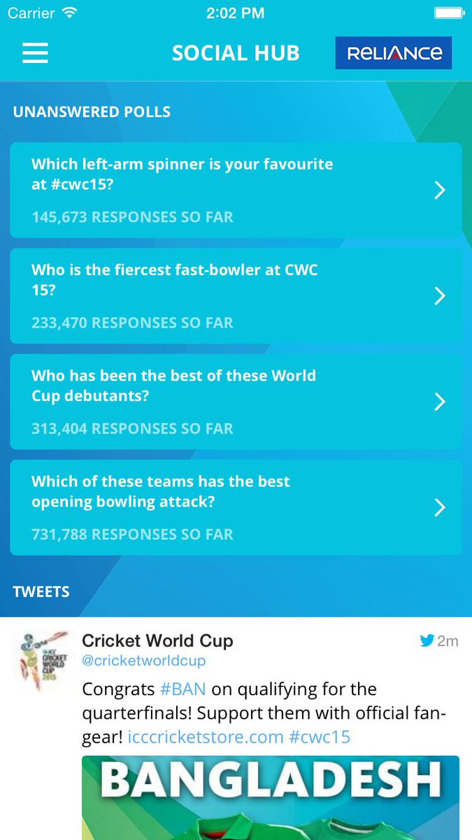 cricketworldcup's tweet photo. Live scores, video, stats and more all in your pocket? Have it all with the #CWCApp! Download! http://t.co/KEZ3cd2axq http://t.co/7c3RDgVi25