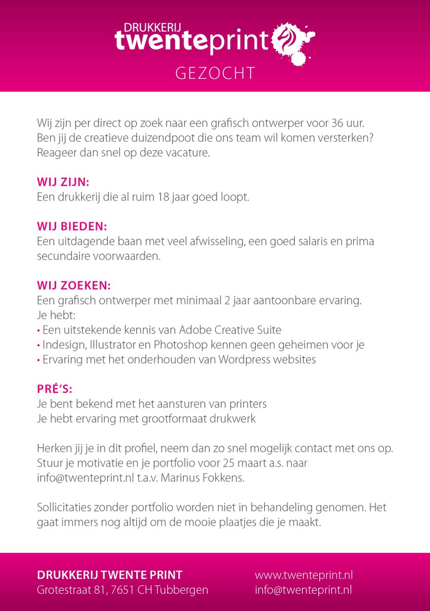 RT alsjeblieft! Wij zoeken een grafisch ontwerper voor 36 uur in de week.
