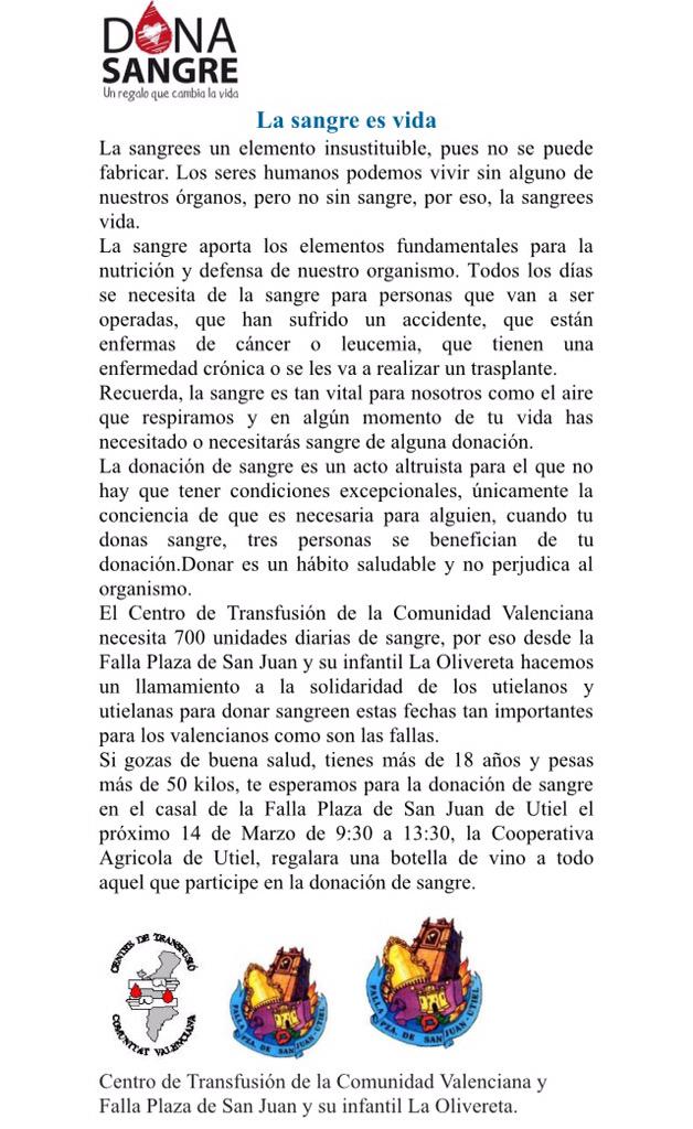 fallarambla's tweet photo. RT. Campaña donación de sangre. Sábado 14 de Marzo en el casal de la Falla Plaza de San Juan de Utiel #SangreEsVida http://t.co/n1M7ls4g4y
