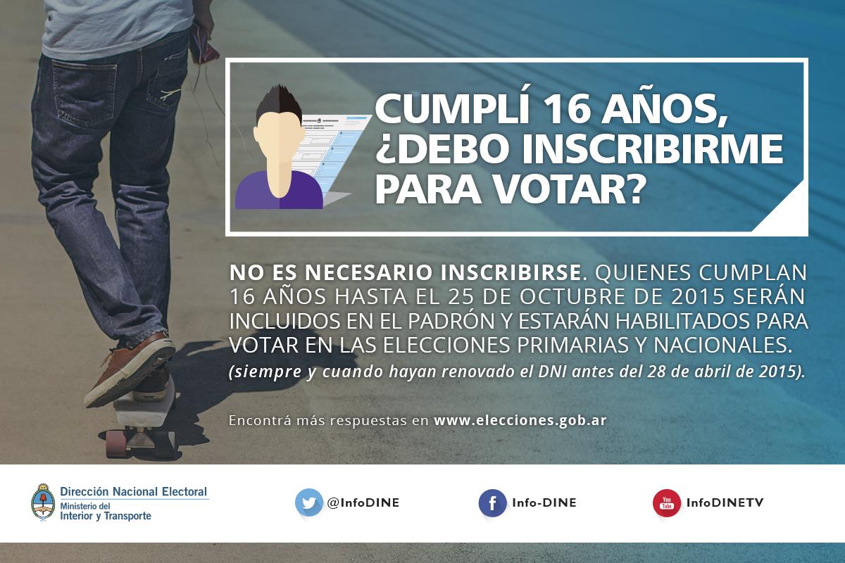 InfoDINE's tweet photo. Quienes cumplan 16 hasta el 25/10 serán incluidos en padrón y podrán votar en las PASO del 9/8 y Nacionales del 25/10 http://t.co/mpMNdJ7C3C