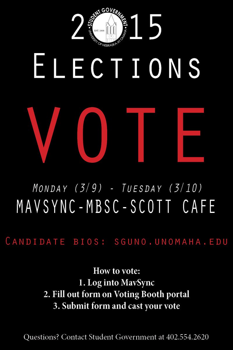 SGUNO's tweet photo. Voting closes at midnight tonight! Visit MBSC or Scott Cafe from 11am - 1pm to vote for Student Government! http://t.co/92mlMMuKOL