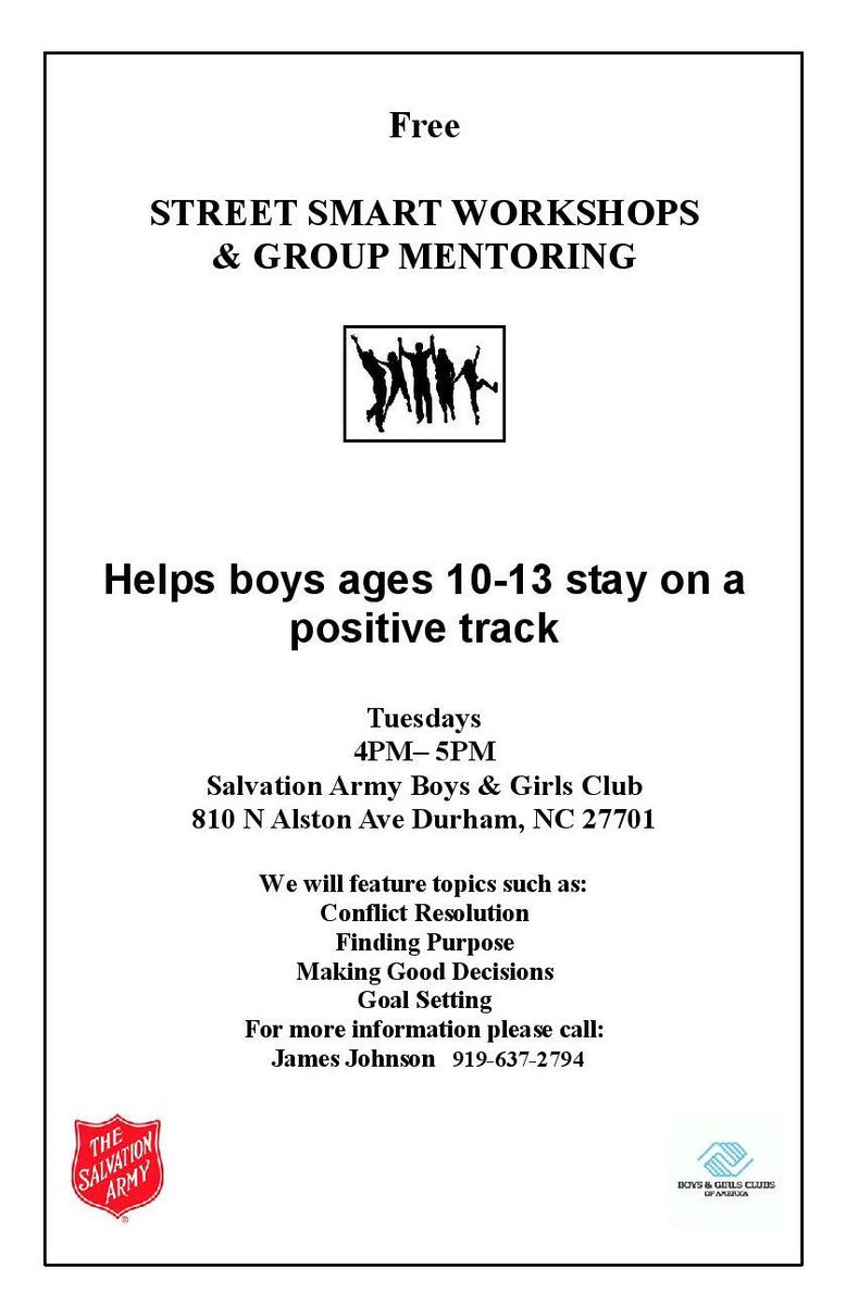 TurkeysTriangle's tweet image. MT @SalArmyDurhamNC: Boys ages 10-13 are invited to join us every Tues. from 4-5 pm for free group mentoring. #durham
