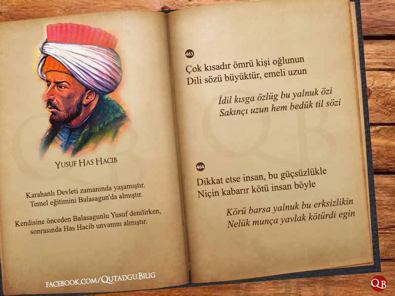 Kısadır ömrü kişi oğlunun.Dili sözü büyüktür,emeli uzun.Dikkat etse insan,bu güçsüzlükle,Niçin kabarır böyle?