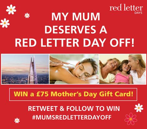 RedLetterDaysUK's tweet photo. If your mum deserves a day off RT &amp; follow us to WIN a £75 Mother's Day Gift Card! #MUMSREDLETTERDAYOFF http://t.co/As5Z3QGqhK
