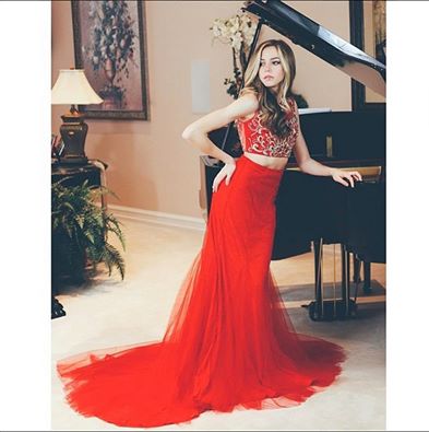 Millenniumdress's tweet photo. Singer Eliza Rose wearing red 2 piece prom dress style #2446 http://t.co/qOtArW6A3D