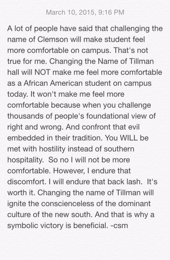 thechrissygirl's tweet photo. Renaming Tillman hall will NOT make me feel comfortable as a AA student b/c... #TillMain @GreenvilleNews @ClemsonPrez http://t.co/34cRWdt3vh