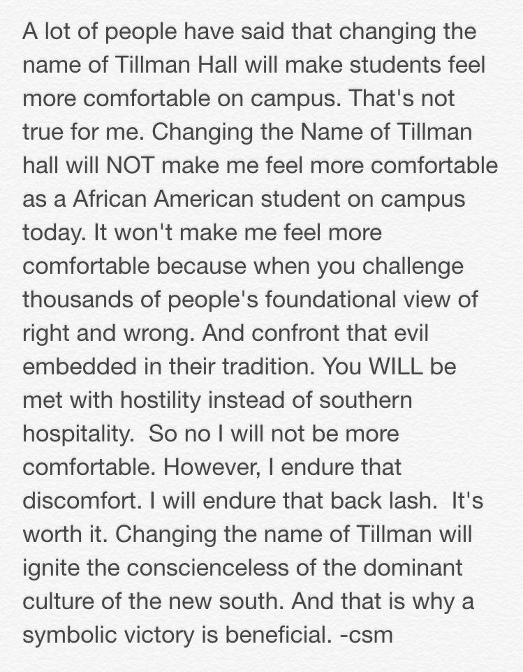 thechrissygirl's tweet photo. Renaming Tillman hall will NOT make me feel comfortable as a AA student b/c... #TillMain @GreenvilleNews @ClemsonPrez http://t.co/varZYneyyQ