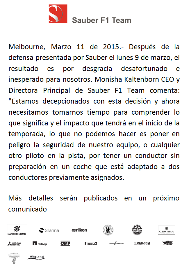 vivof1's tweet image. Comunicado de Prensa (Traducido) del Equipo Sauber comentando su total desacuerdo.

#SeatGate #Sauber #Formula1