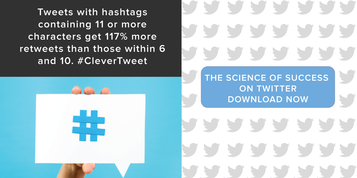 HubSpot's tweet photo. Did you know? Hashtags with 11 or more characters get 117% more retweets: http://t.co/RigbFw4r83 #CleverTweet http://t.co/L1NRs9YBiW