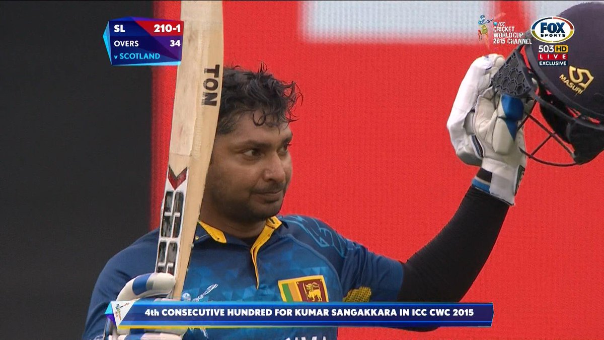 cricketcomau's tweet image. CENTURY! @KumarSanga2 becomes the first player to score four consecutive ODI tons: cricketa.us/19aD7Dd #CWC15