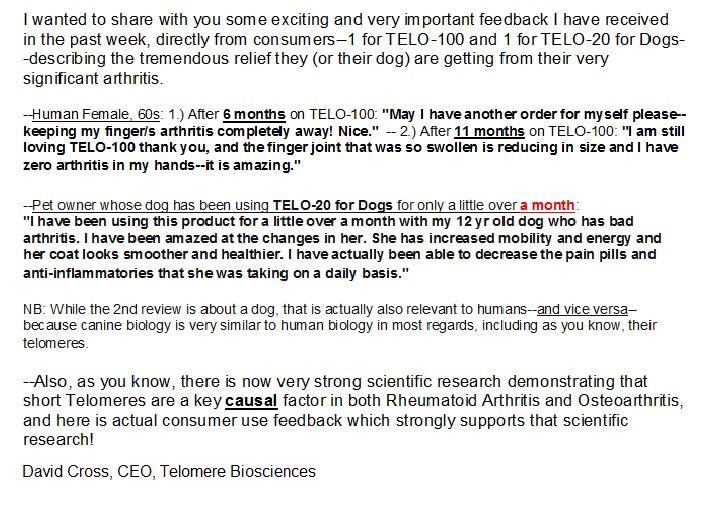 TeloDog's tweet image. Exciting reports on reversal of arthritis in Humans and Dogs from Telo-100 and Telo-20 for Dogs.