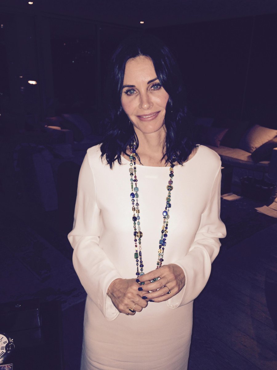 johnnymcdaid's tweet photo. Here's my beautiful girl @CourteneyCox wearing a necklace made by Imogen Sheeran, @edsheeran 's mum. Beautiful stuff! http://t.co/mk3dxXkxUw